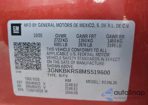 2021 Chevrolet Blazer Rs из США, поврежденный, VIN 3GNKBKRS8MS519600